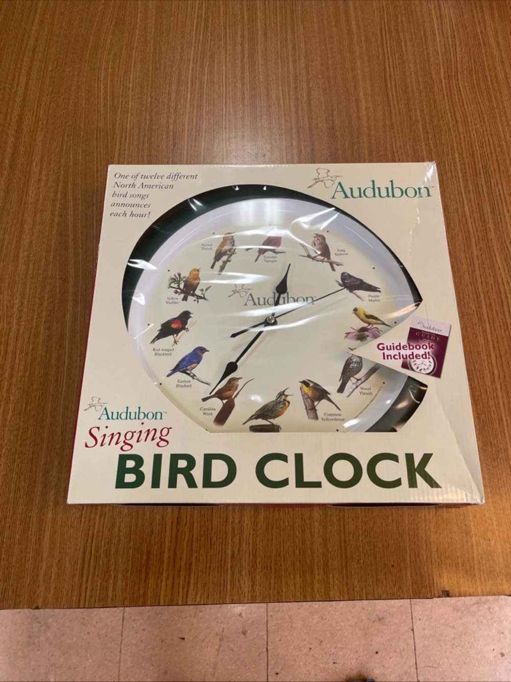 Singing Bird Clock — White Face with Colorful Bird Illustrations